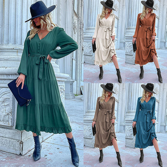 Casual Long Sleeve Solid Color Dress Draping Effect