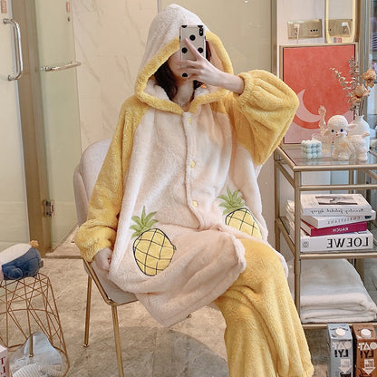 Couples Thick Flannel Hooded Pajama Set