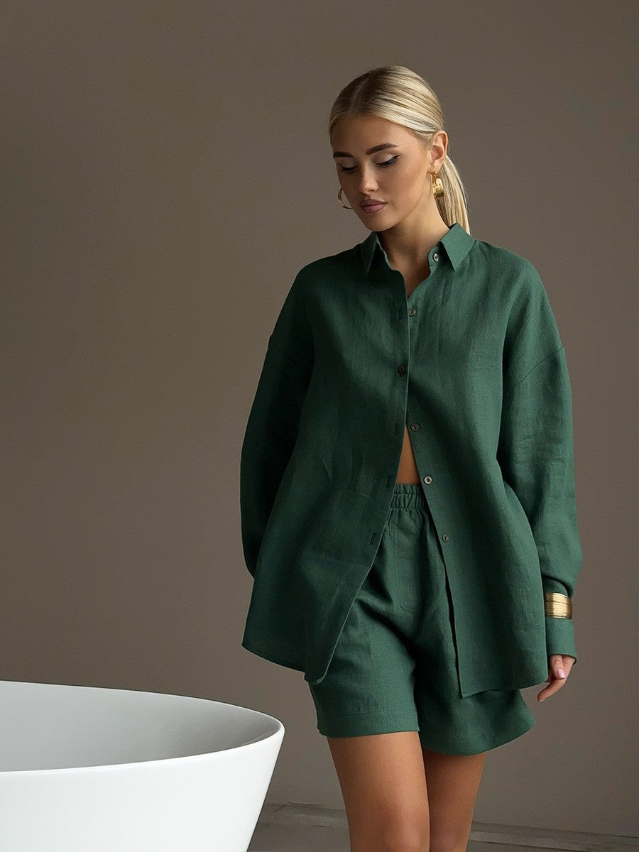 Allure Décontractée – Ensemble Cardigan à Manches Longues et Shorts