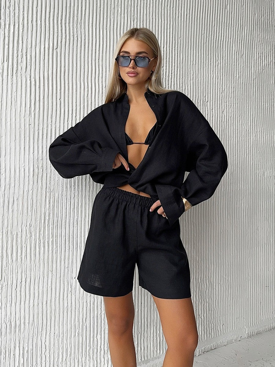 Allure Décontractée – Ensemble Cardigan à Manches Longues et Shorts