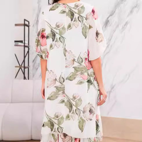 Robe mi-longue imprimée en chiffon – Encolure ronde et coupe ample
