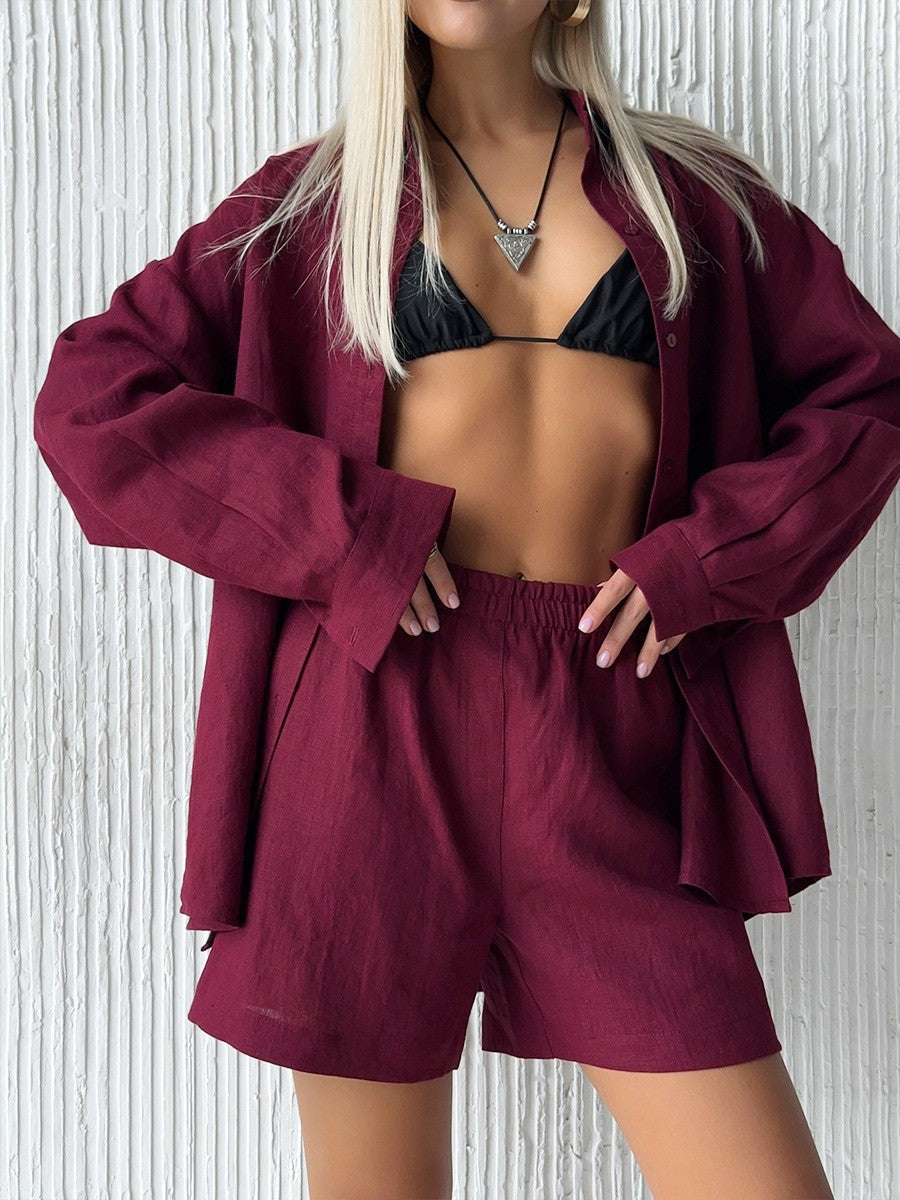 Allure Décontractée – Ensemble Cardigan à Manches Longues et Shorts