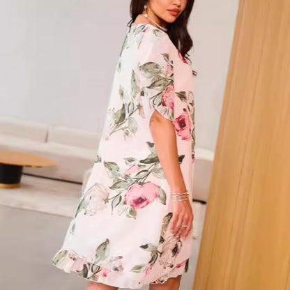 Robe mi-longue imprimée en chiffon – Encolure ronde et coupe ample