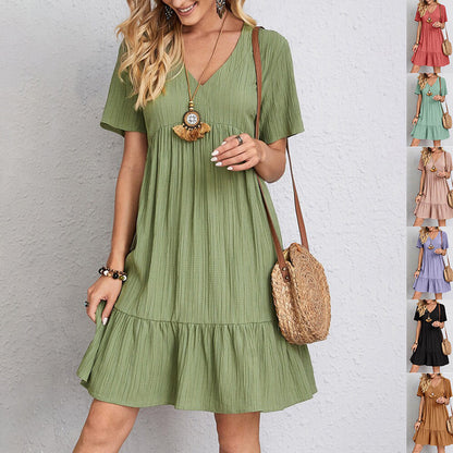 Robe d’Été à Volants – Col en V et Manches Courtes