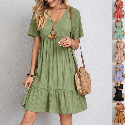 Robe d’Été à Volants – Col en V et Manches Courtes