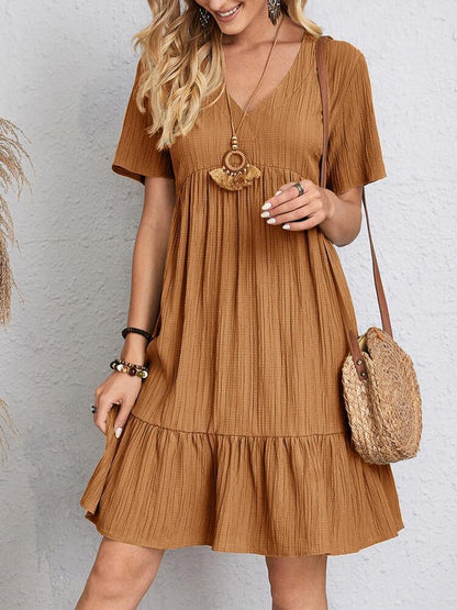 Robe d’Été à Volants – Col en V et Manches Courtes